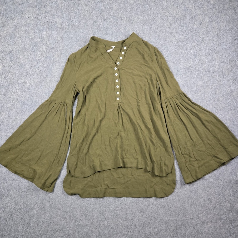 Free People Shirt Womens XS Green Easy Girl Buttondown Tunic Bell Sleeve Rayon